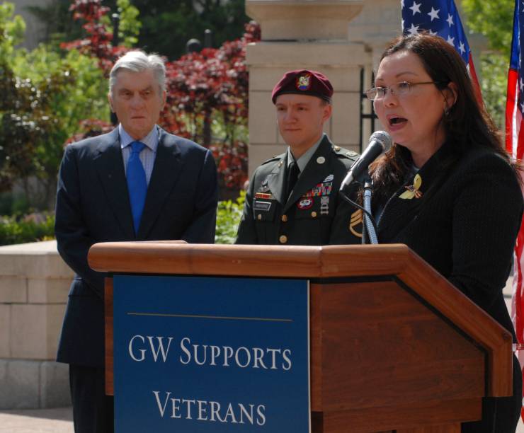 Tammy Duckworth speaking at a veterans event on Kogan Plaza