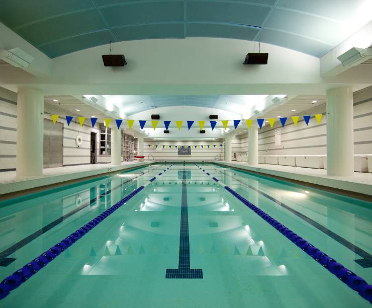 A three-lane indoor pool.