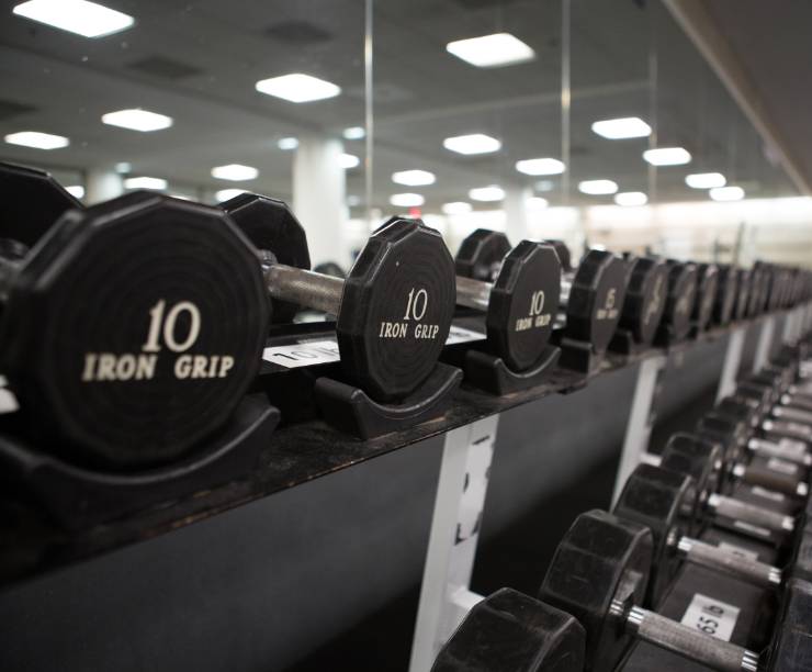 Free weights line a mirrored wall.