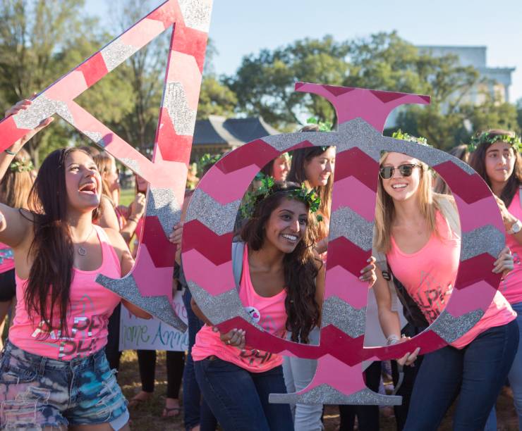 Sorority sisters hold up colorful Greek letters on the National Mall.