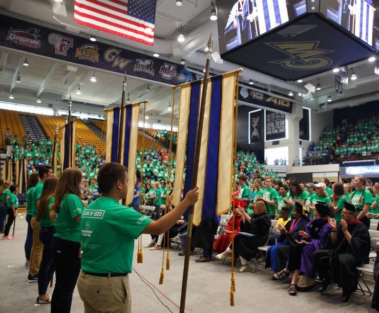 GW students attend Freshman Convocation in the Charles E. Smith Center.