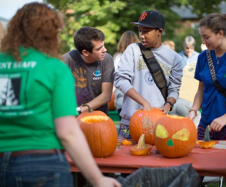 Students paint and carve pumpkins.