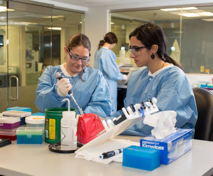 Two women work with pipettes in a laboratory.