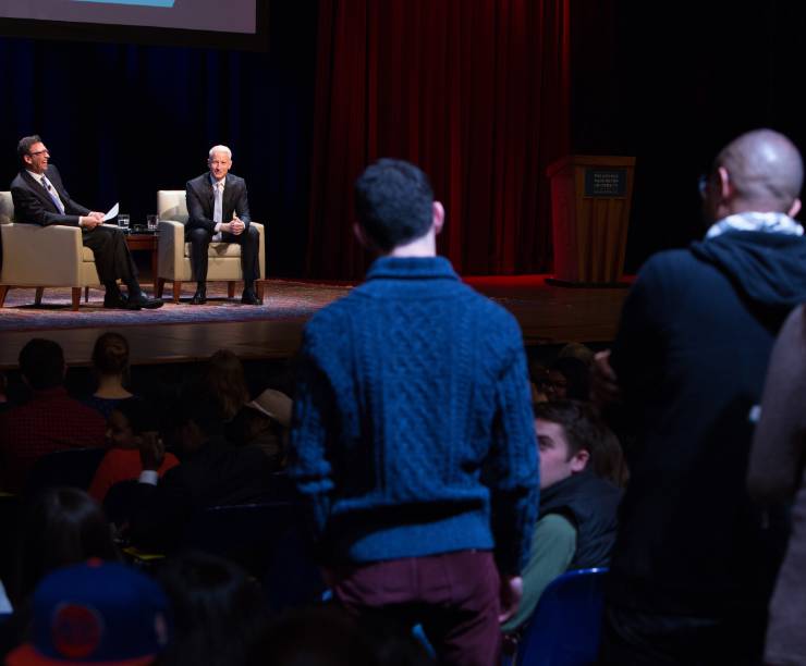 Audience members in line to ask Anderson Cooper questions at a Lisner event.