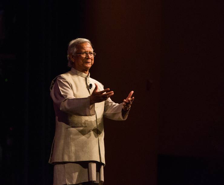 Muhammad Yunus speaks onstage at GW.