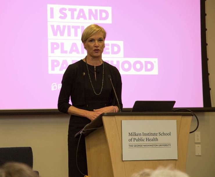 Cecile Richards speaks to an audience from behind a podium.