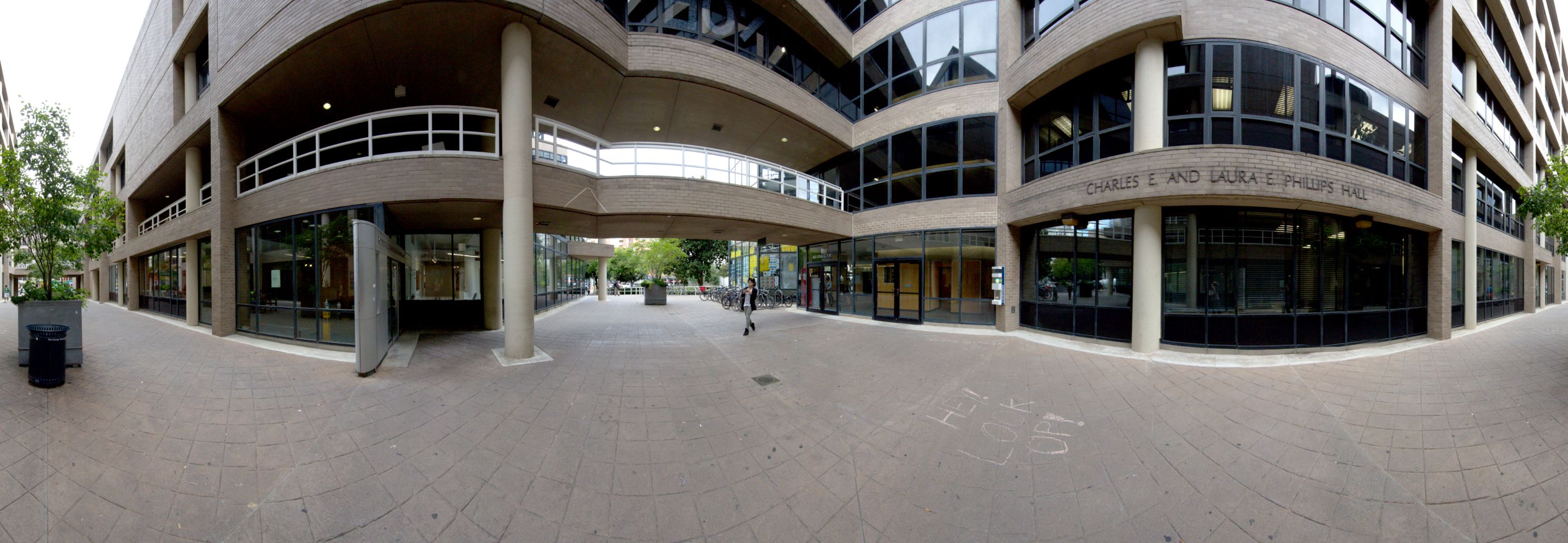 A panoramic view of the walkways between the Academic Center buildings.