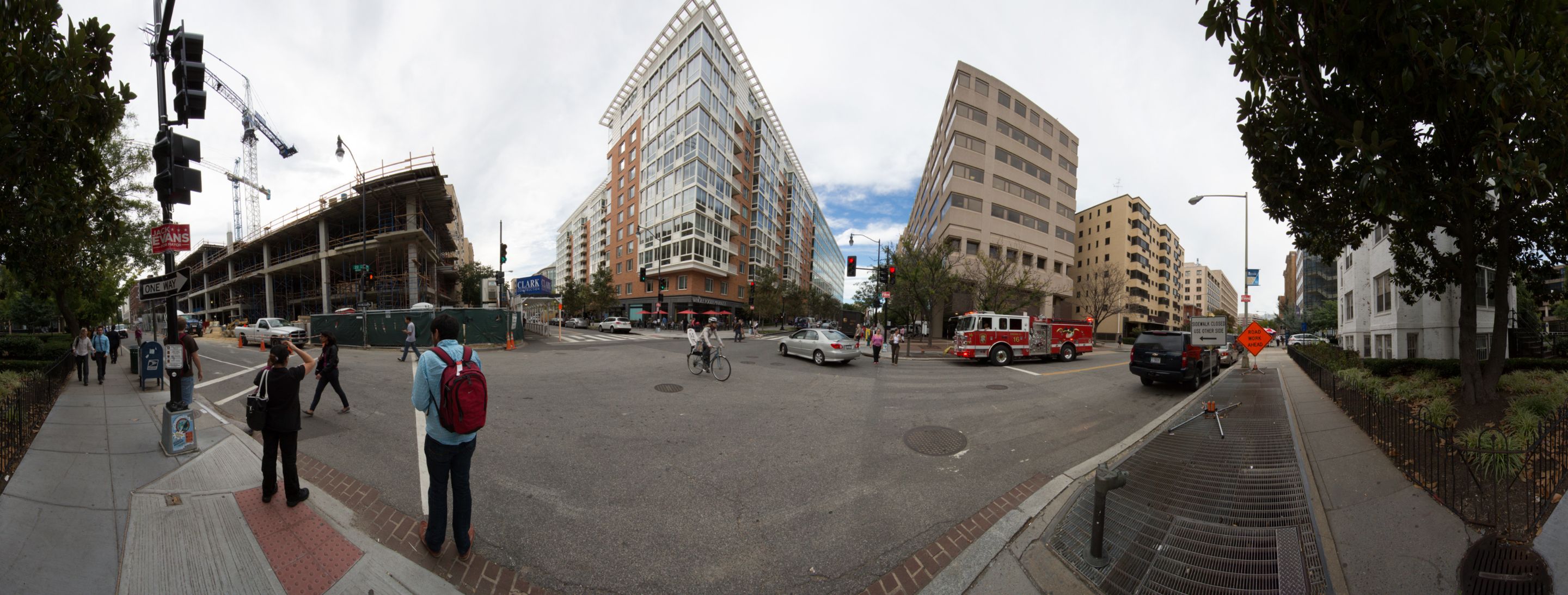 A panoramic view of buildings at the corner of 22nd and I streets.