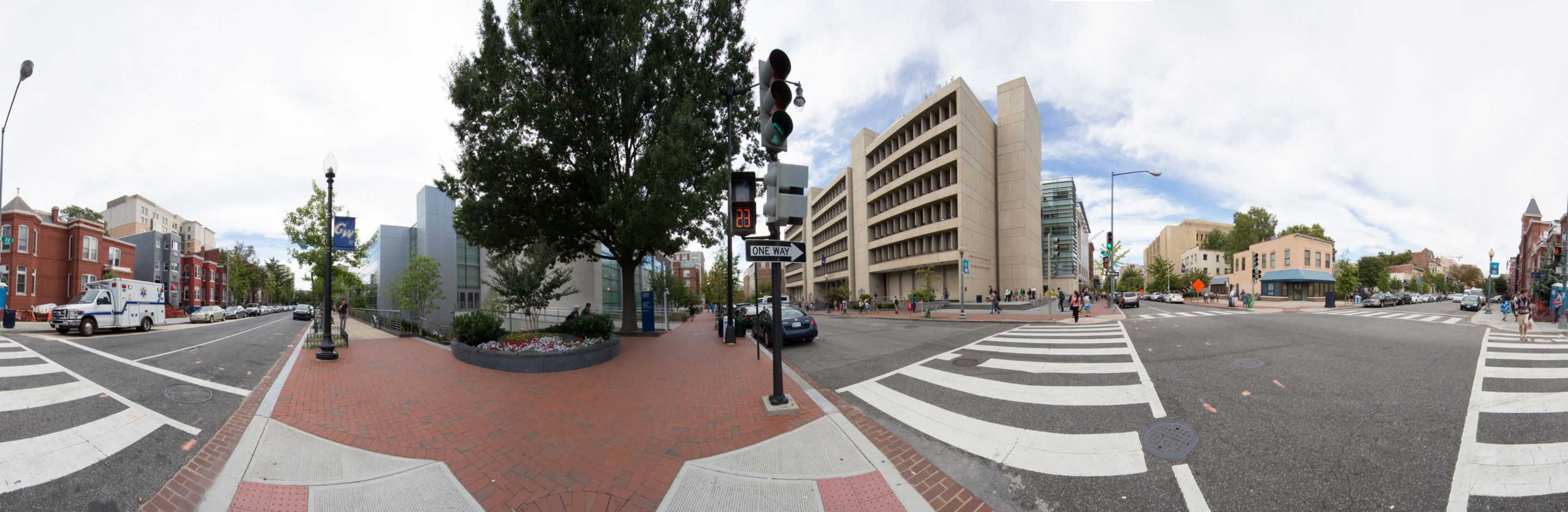 A panoramic view of the Smith Center and Funger and Duqu?s Halls.