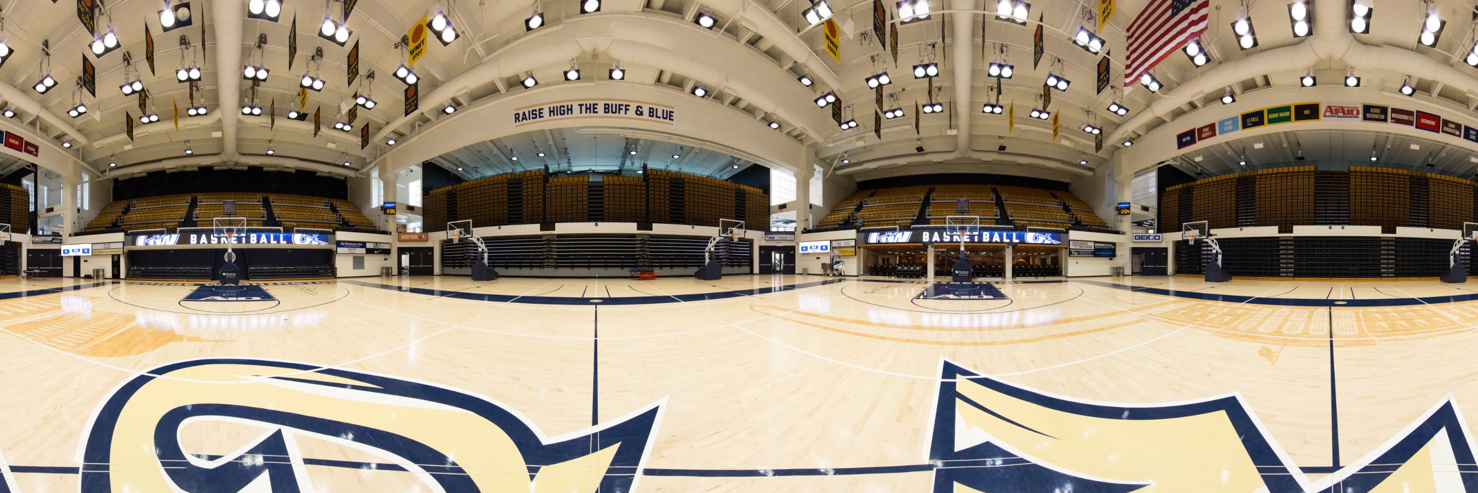 A panoramic view of the basketball court and stands inside the Smith Center.