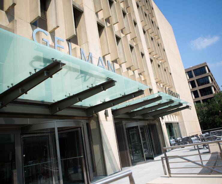 Entrance to Gelman Library and outdoor seating area.